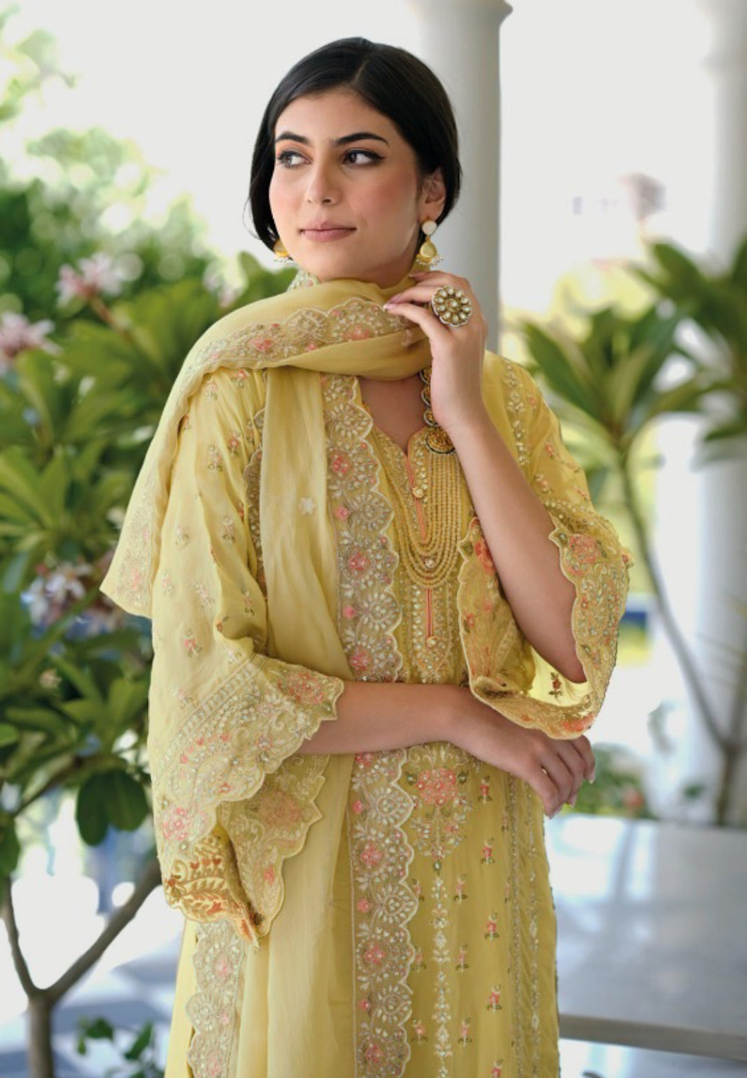 Women Beige Organza With Embroidery Work Pakistani Suit Set