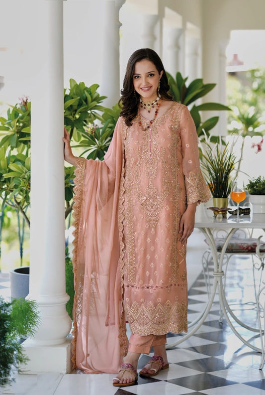 Women Light Pink Organza With Embroidery Work Pakistani Suit Set