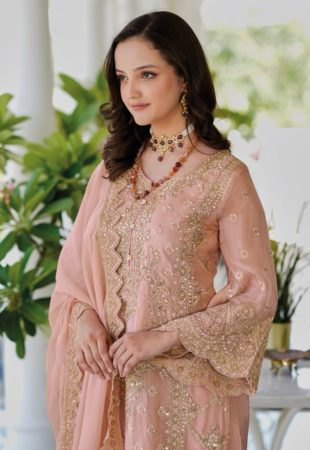 Women Light Pink Organza With Embroidery Work Pakistani Suit Set