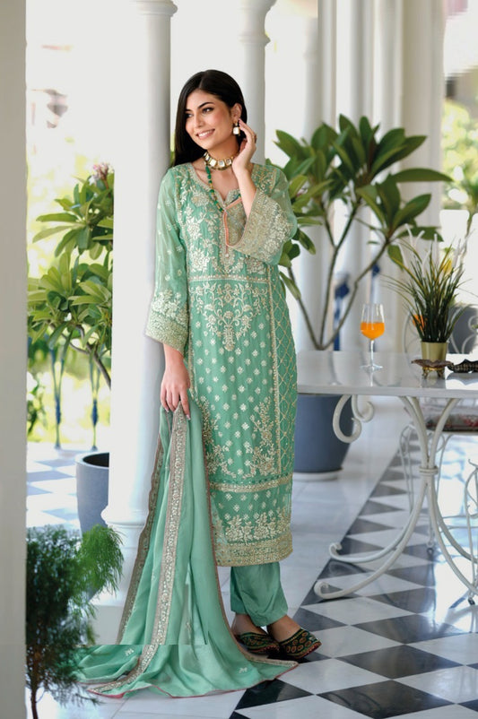 Women Sky Blue Organza With Embroidery Work Pakistani Suit Set