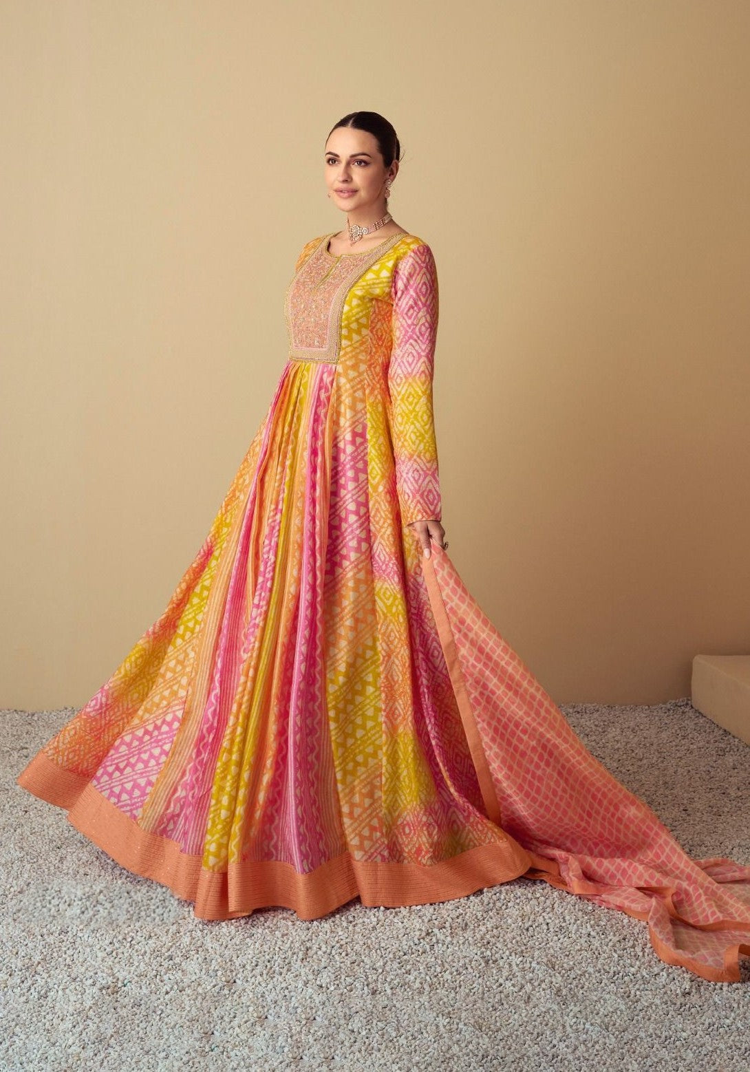 Party Wear Pink And Yellow Muslin Gown With Dupatta