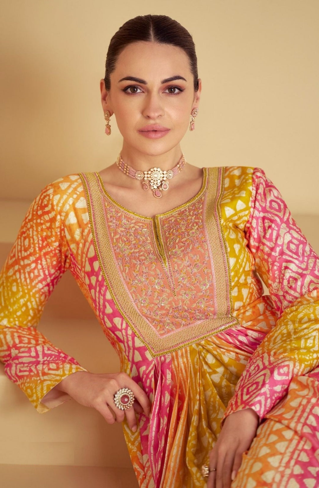 Party Wear Pink And Yellow Muslin Gown With Dupatta