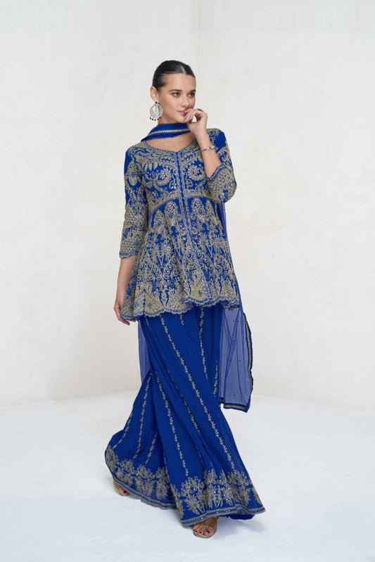 Fantastic Blue Georgette With Embroidery Work Palazzo Bottom Suit Set