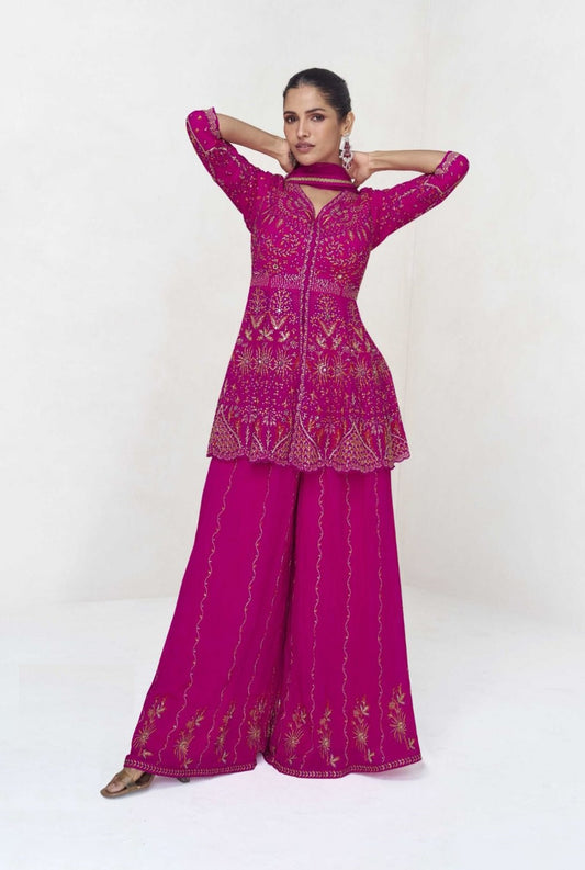 Gorgeous Pink Georgette With Embroidery Work Palazzo Bottom Suit Set