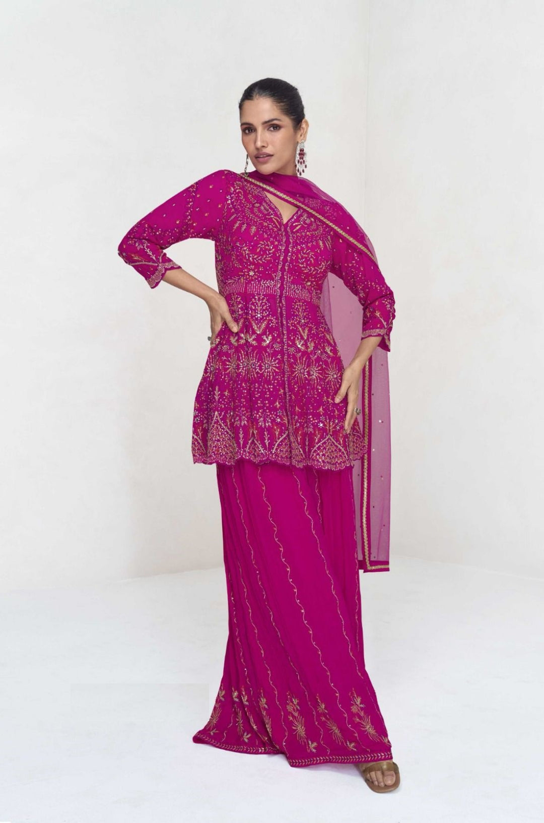 Gorgeous Pink Georgette With Embroidery Work Palazzo Bottom Suit Set