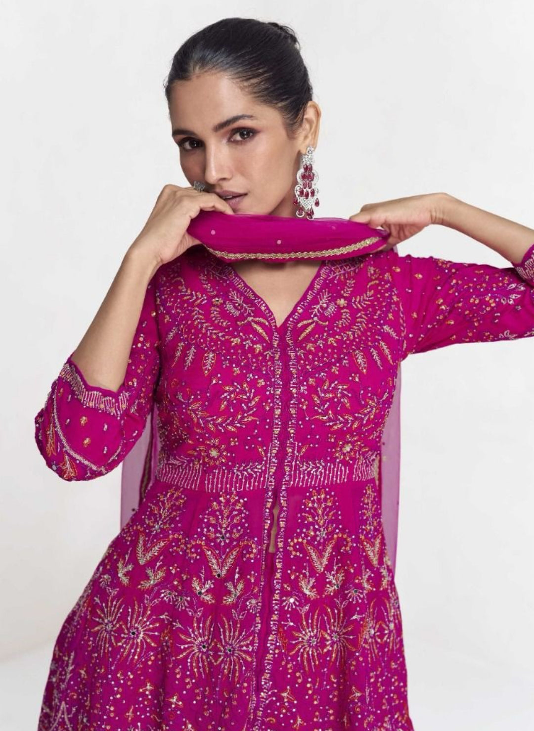 Gorgeous Pink Georgette With Embroidery Work Palazzo Bottom Suit Set