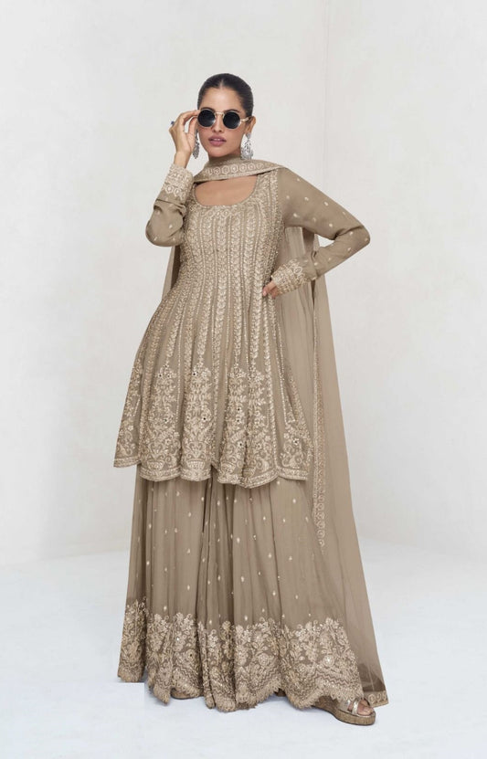 Stunnig Beige Georgette With Embroidery Work Palazzo Bottom Suit Set