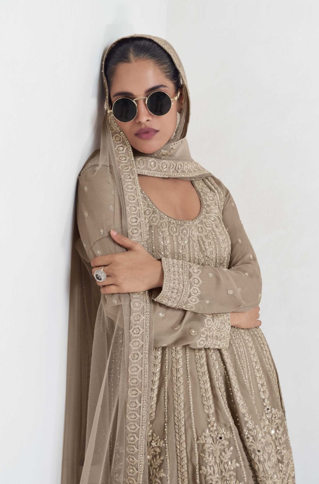 Stunnig Beige Georgette With Embroidery Work Palazzo Bottom Suit Set