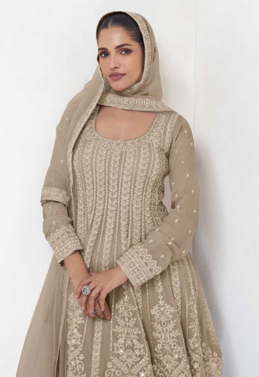 Stunnig Beige Georgette With Embroidery Work Palazzo Bottom Suit Set