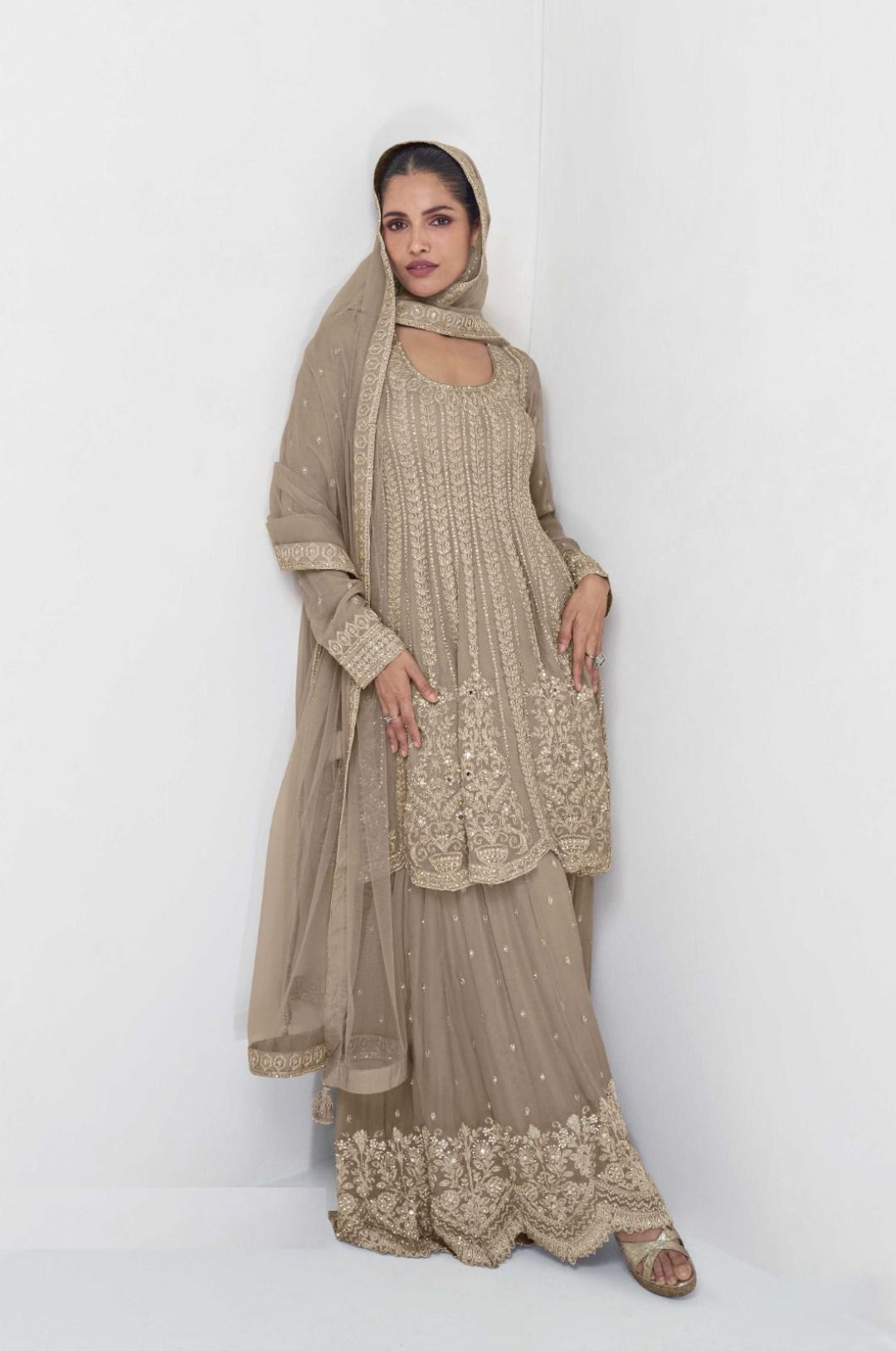 Stunnig Beige Georgette With Embroidery Work Palazzo Bottom Suit Set