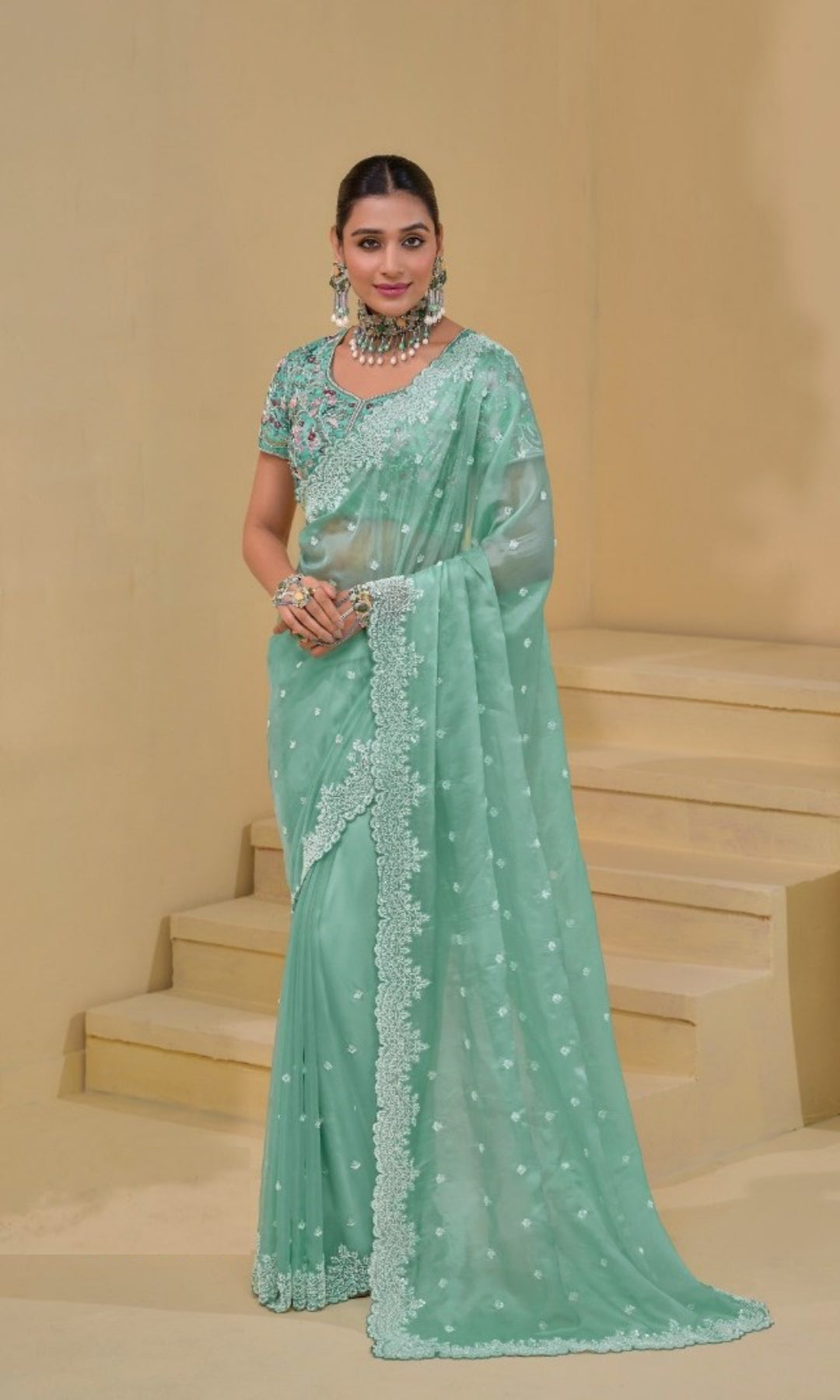 Tailored-To-Perfection Sea Blue Banarasi Bridal Saree With Cutdana Moti Sequins Work