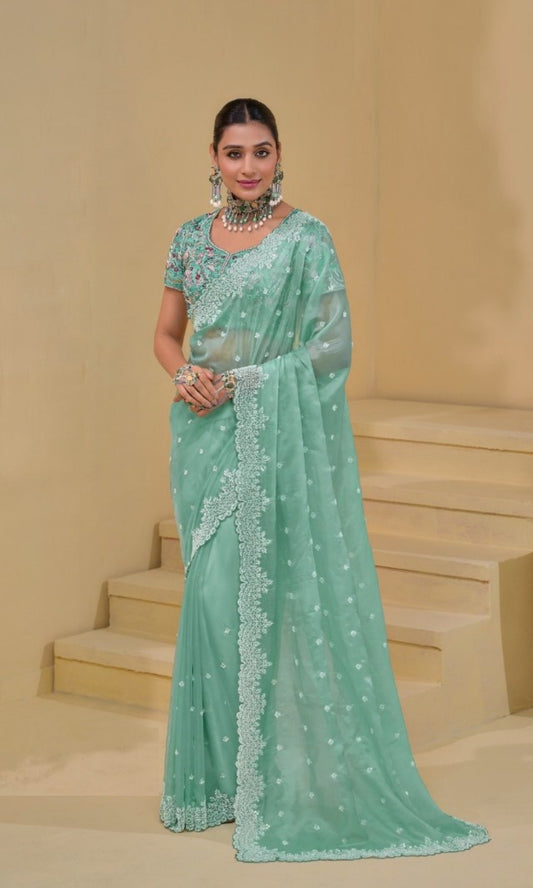 Tailored-To-Perfection Sea Blue Banarasi Bridal Saree With Cutdana Moti Sequins Work