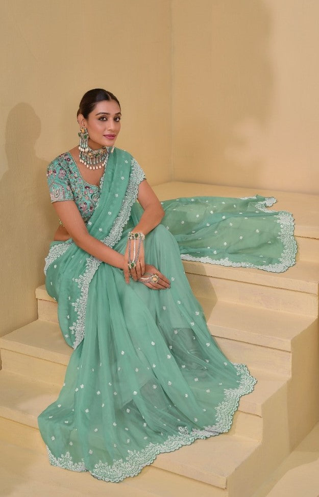 Tailored-To-Perfection Sea Blue Banarasi Bridal Saree With Cutdana Moti Sequins Work
