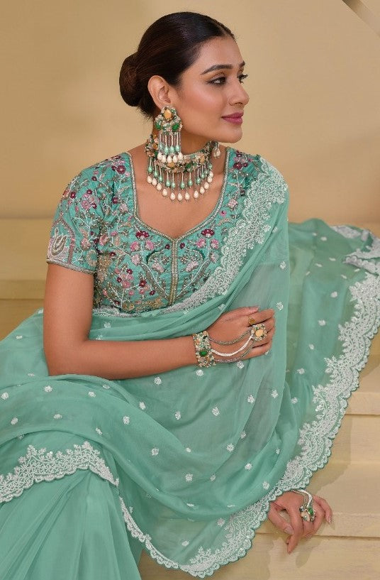 Tailored-To-Perfection Sea Blue Banarasi Bridal Saree With Cutdana Moti Sequins Work