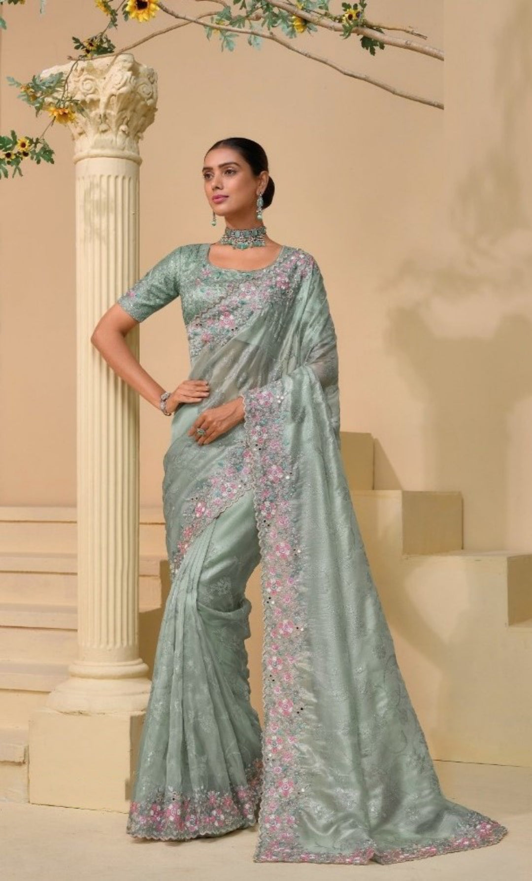 Lustrous Grey Silk Dana Moti Sequins Work Bridal Saree