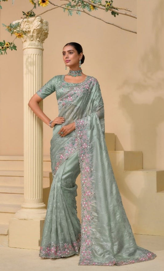 Lustrous Grey Silk Dana Moti Sequins Work Bridal Saree