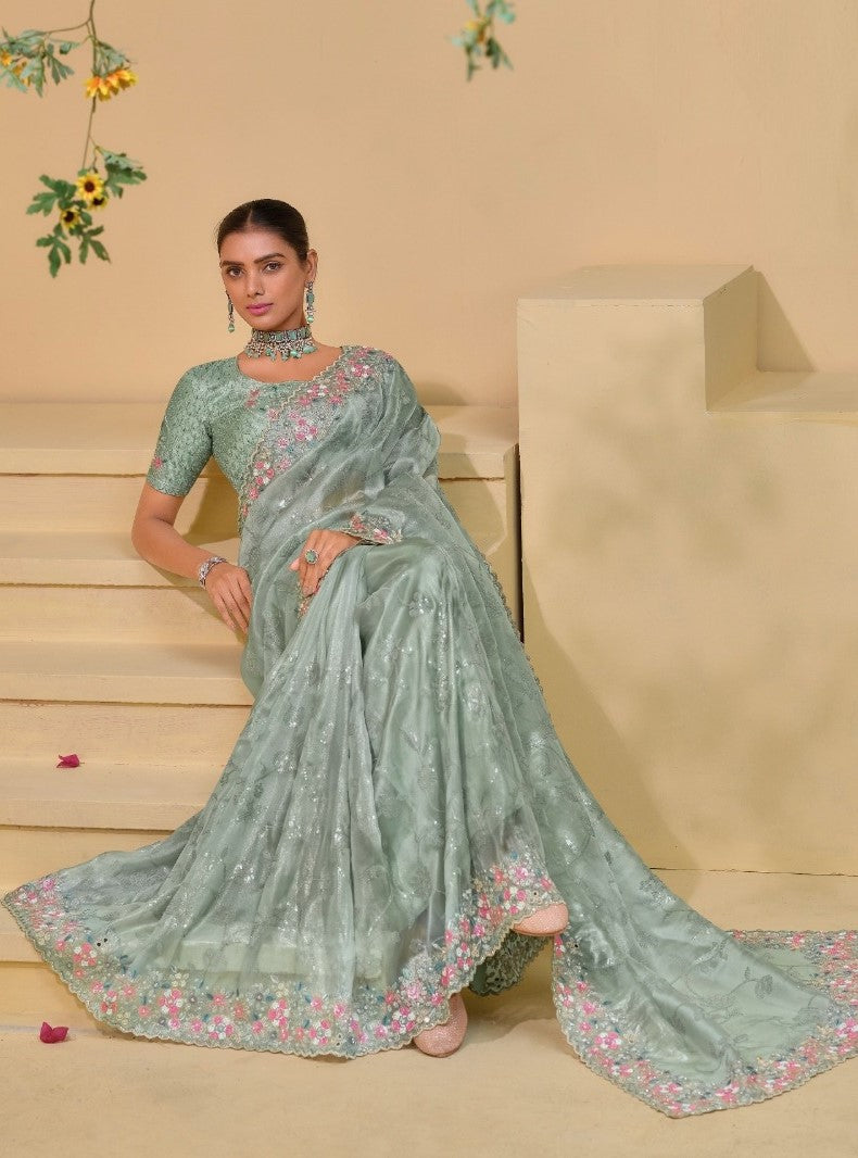 Lustrous Grey Silk Dana Moti Sequins Work Bridal Saree