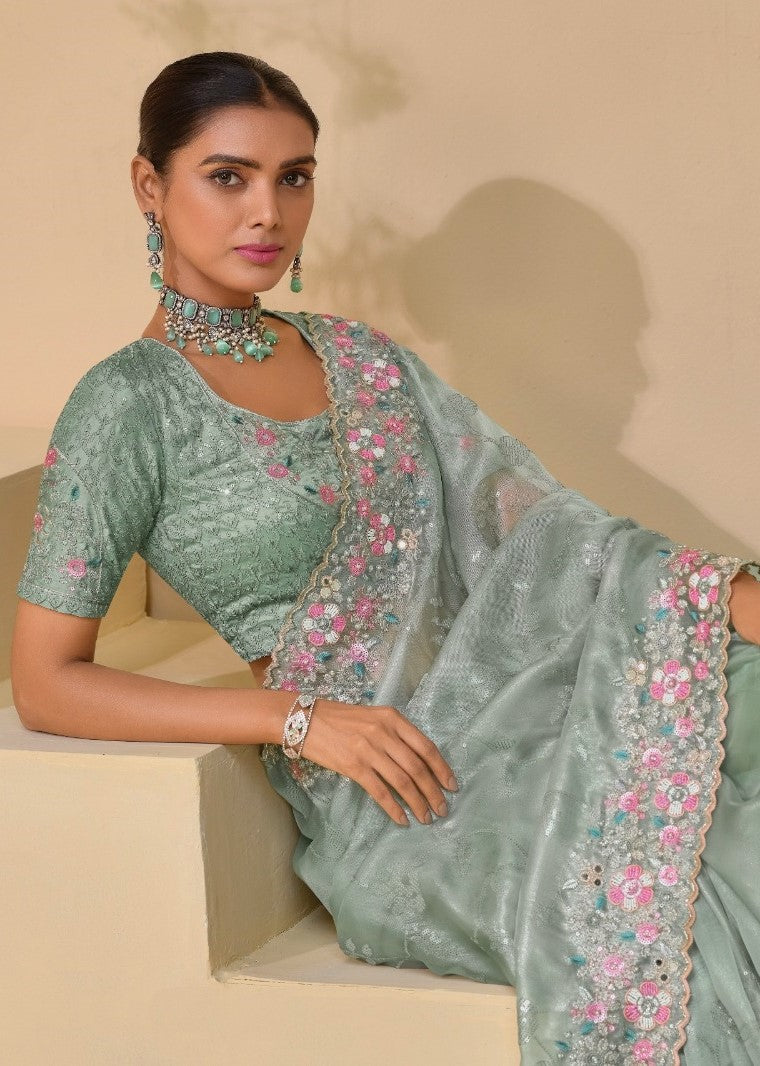 Lustrous Grey Silk Dana Moti Sequins Work Bridal Saree