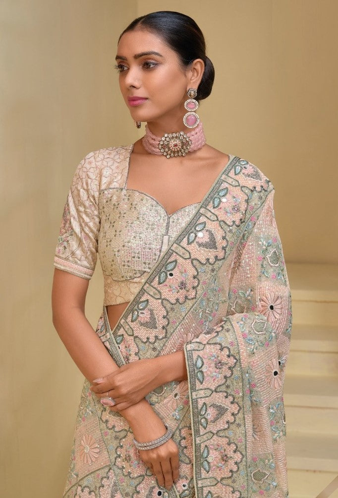 Magnificent Peach Banarasi Bridal Saree With Moti Mirror Sequins Work