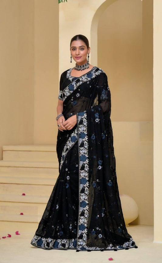 Lovely Black Banarasi Moti Thread Sequins Work Bridal Saree