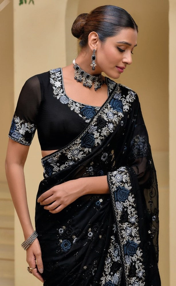 Lovely Black Banarasi Moti Thread Sequins Work Bridal Saree