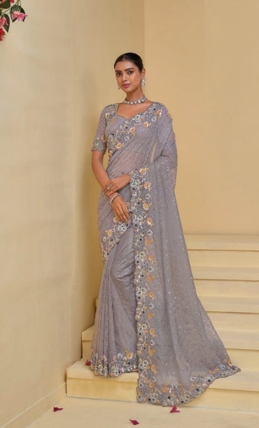 Exquisit Violet Banarasi Moti Zarkan Sequins Work Bridal Saree