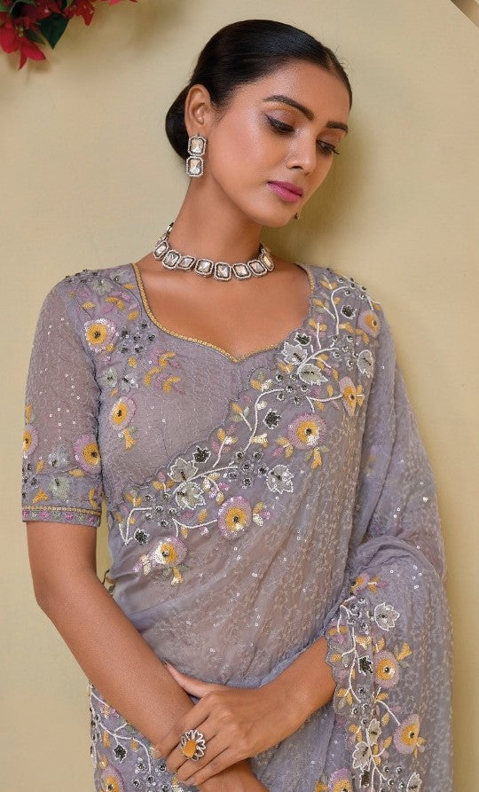 Exquisit Violet Banarasi Moti Zarkan Sequins Work Bridal Saree