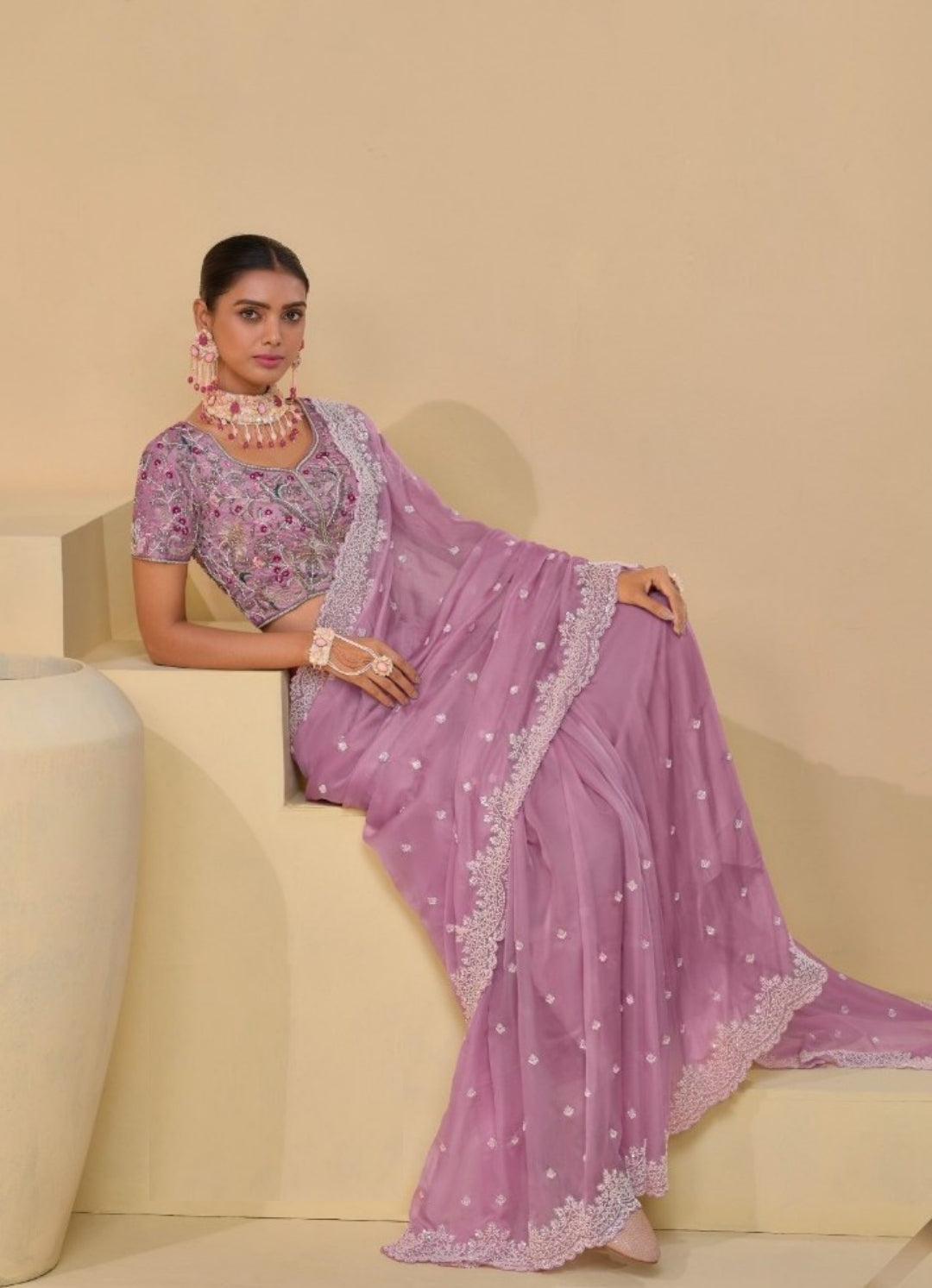 Spectacular Light Purple Banarasi Moti Mirror Sequins Work Bridal Saree