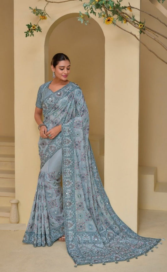 Captivating Sky Blue Banarasi Moti Mirror Sequins Work Bridal Saree