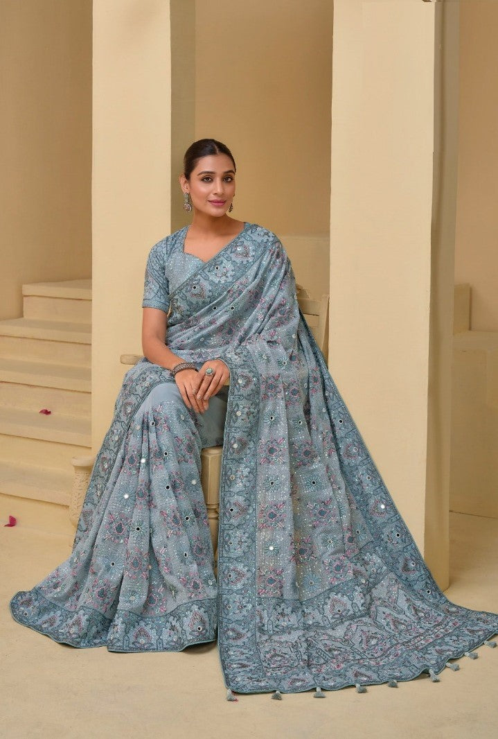 Captivating Sky Blue Banarasi Moti Mirror Sequins Work Bridal Saree