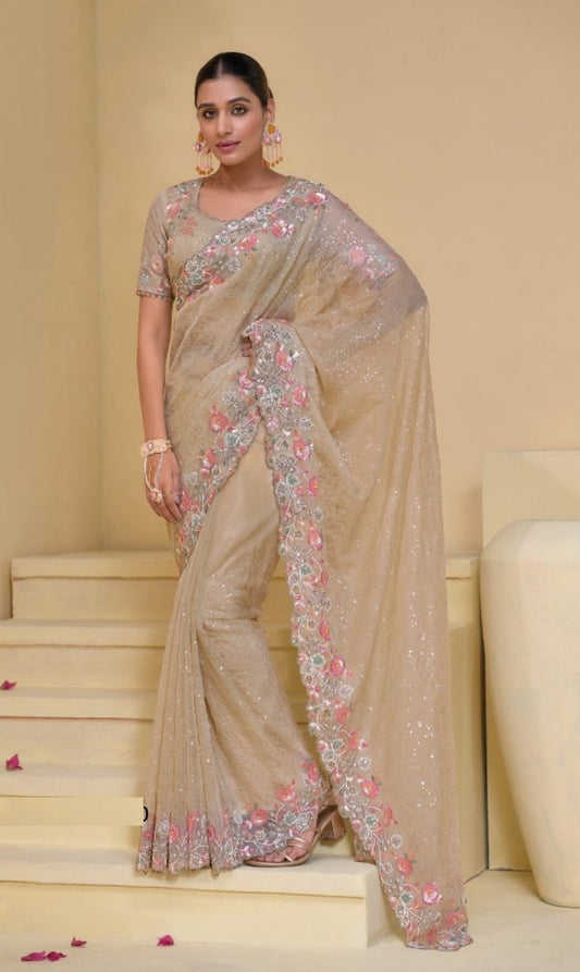 Pretty Beige Banarasi Moti Mirror Sequins Work Bridal Saree