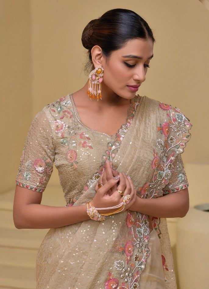 Pretty Beige Banarasi Moti Mirror Sequins Work Bridal Saree