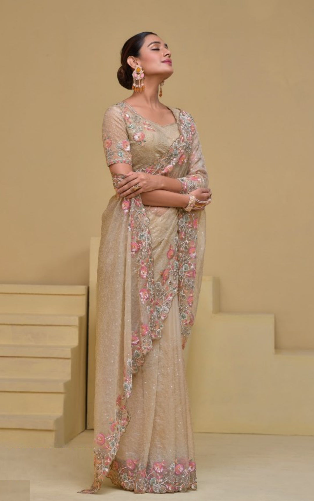 Pretty Beige Banarasi Moti Mirror Sequins Work Bridal Saree