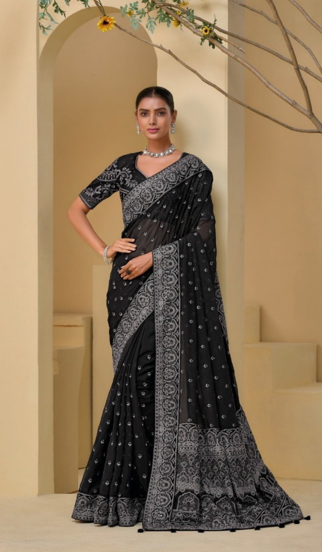 Charming Black Banarasi Cutdana Moti Sequins Work Bridal Saree