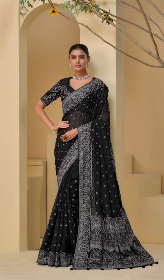 Charming Black Banarasi Cutdana Moti Sequins Work Bridal Saree