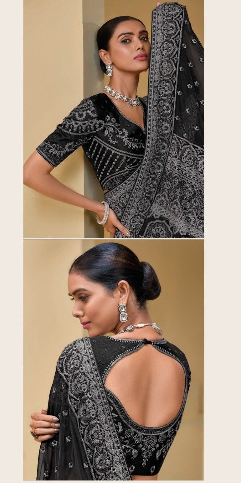 Charming Black Banarasi Cutdana Moti Sequins Work Bridal Saree