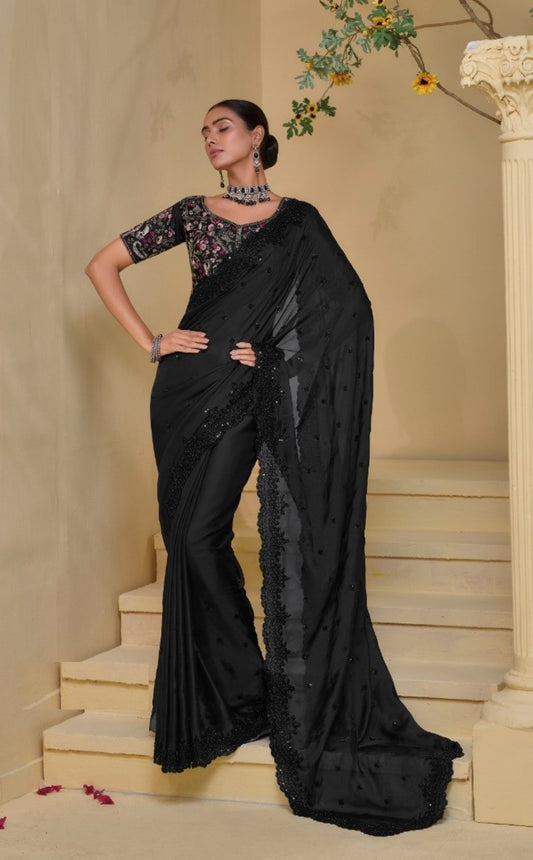 Comfy Black Banarasi Cutdana Moti Sequins Work Bridal Saree