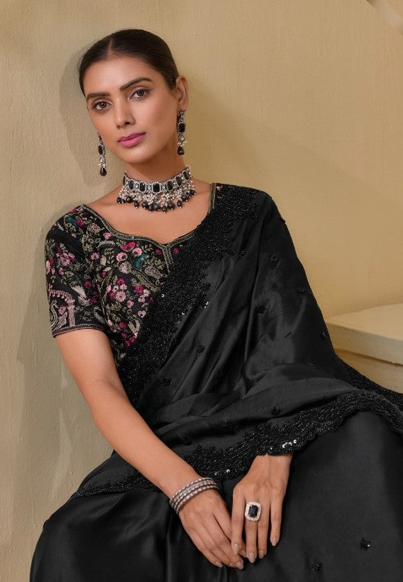 Comfy Black Banarasi Cutdana Moti Sequins Work Bridal Saree