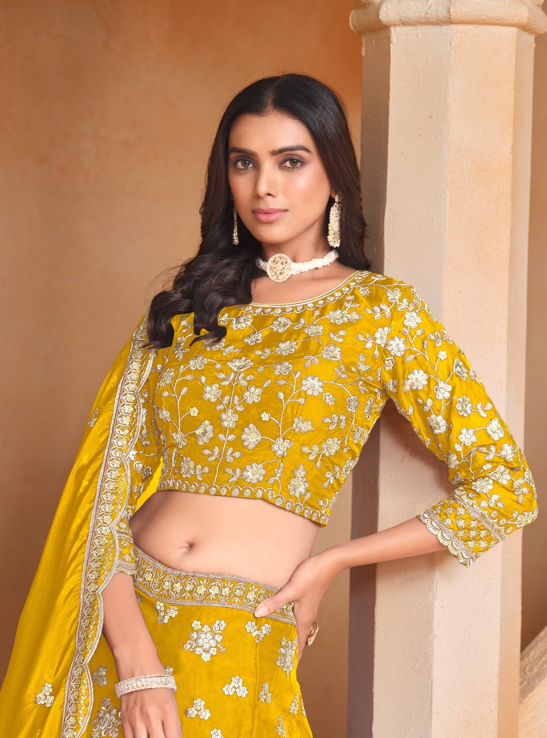 Effortless Mustard Organza Traditional Lehenga