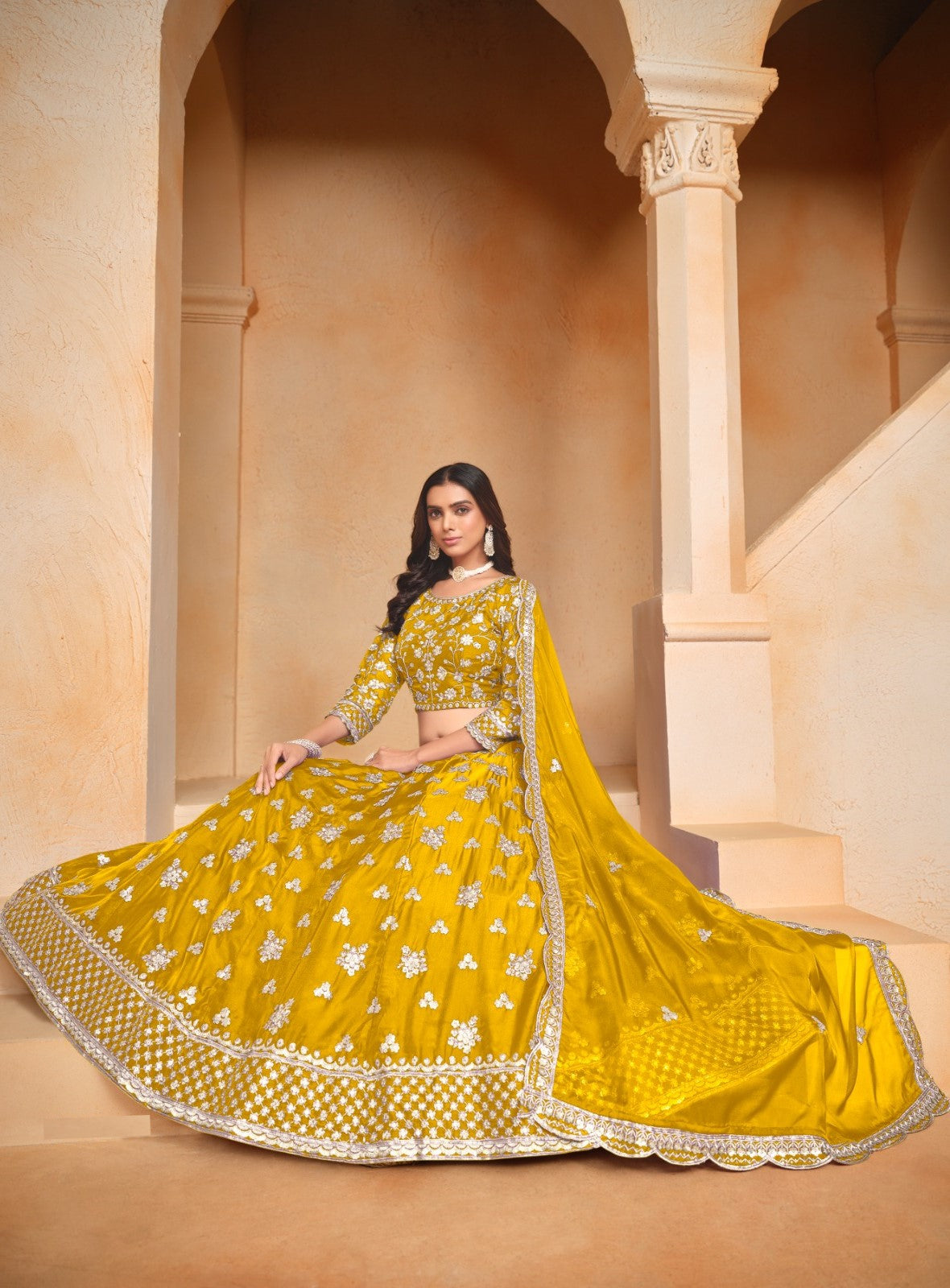 Effortless Mustard Organza Traditional Lehenga