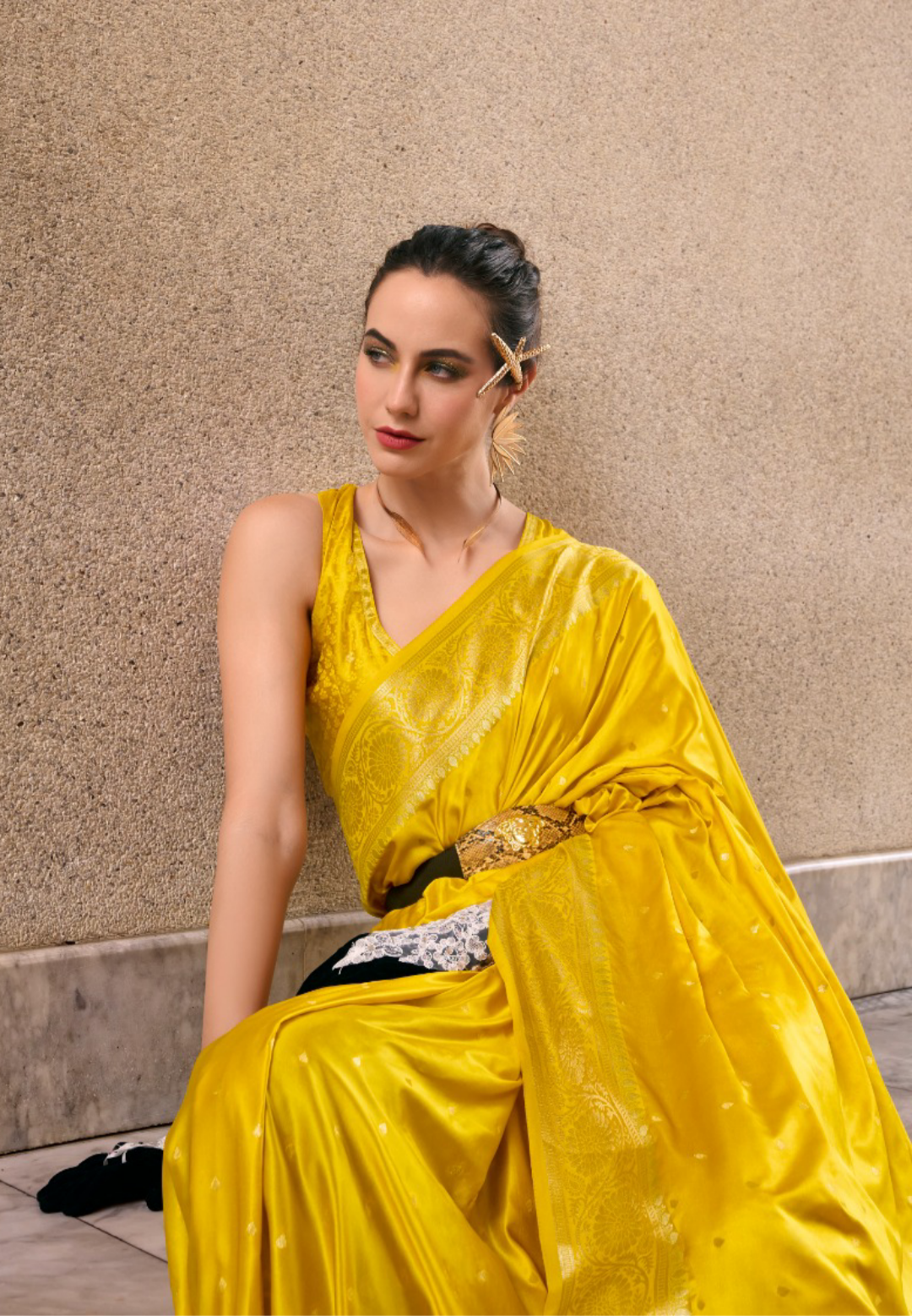 Women Mustard Satin Mungha Soft Silk Saree