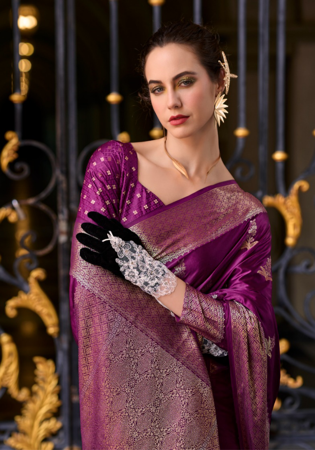 Women Purple Satin Mungha Soft Silk Saree