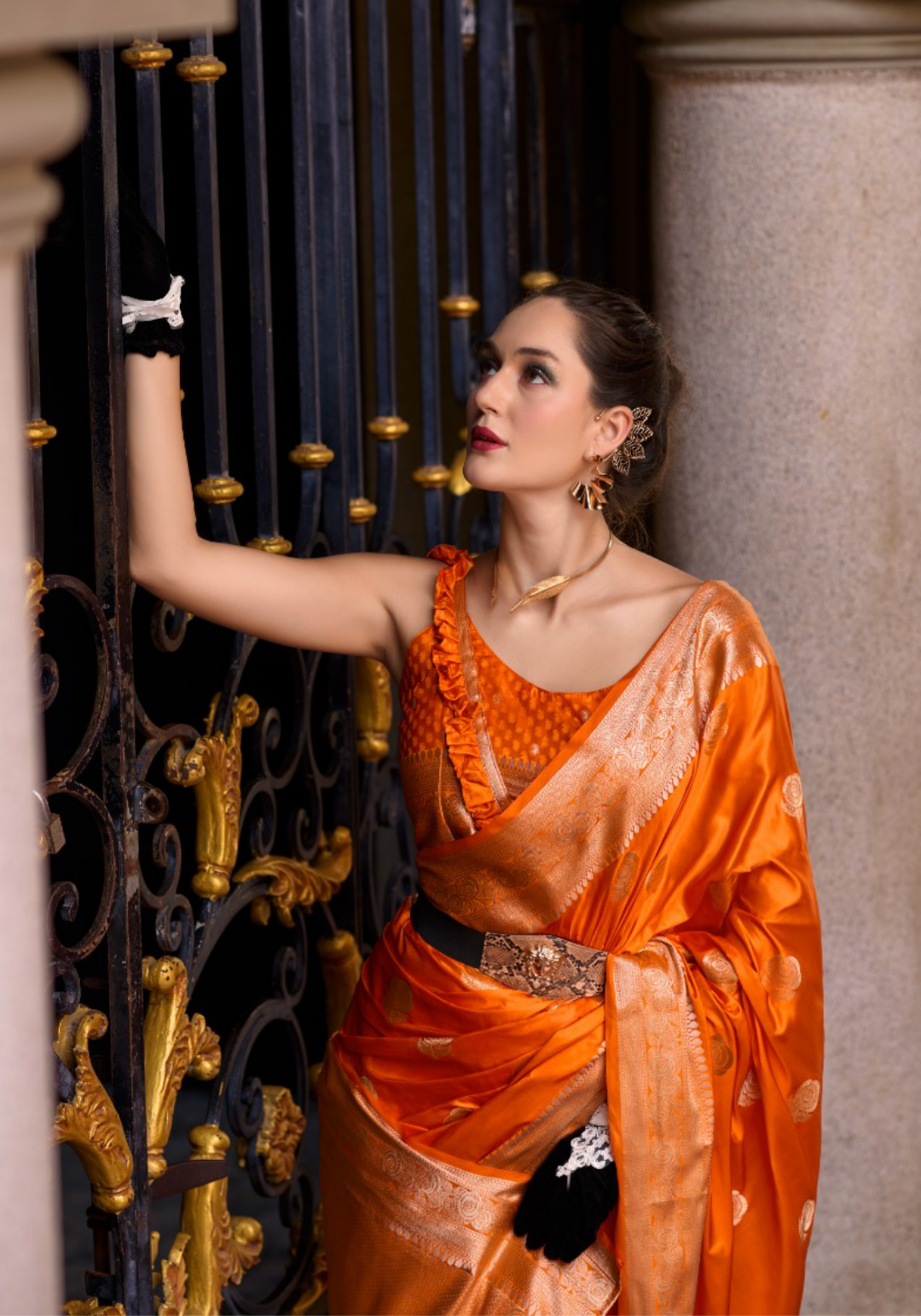 Women Orange Satin Mungha Soft Silk Saree