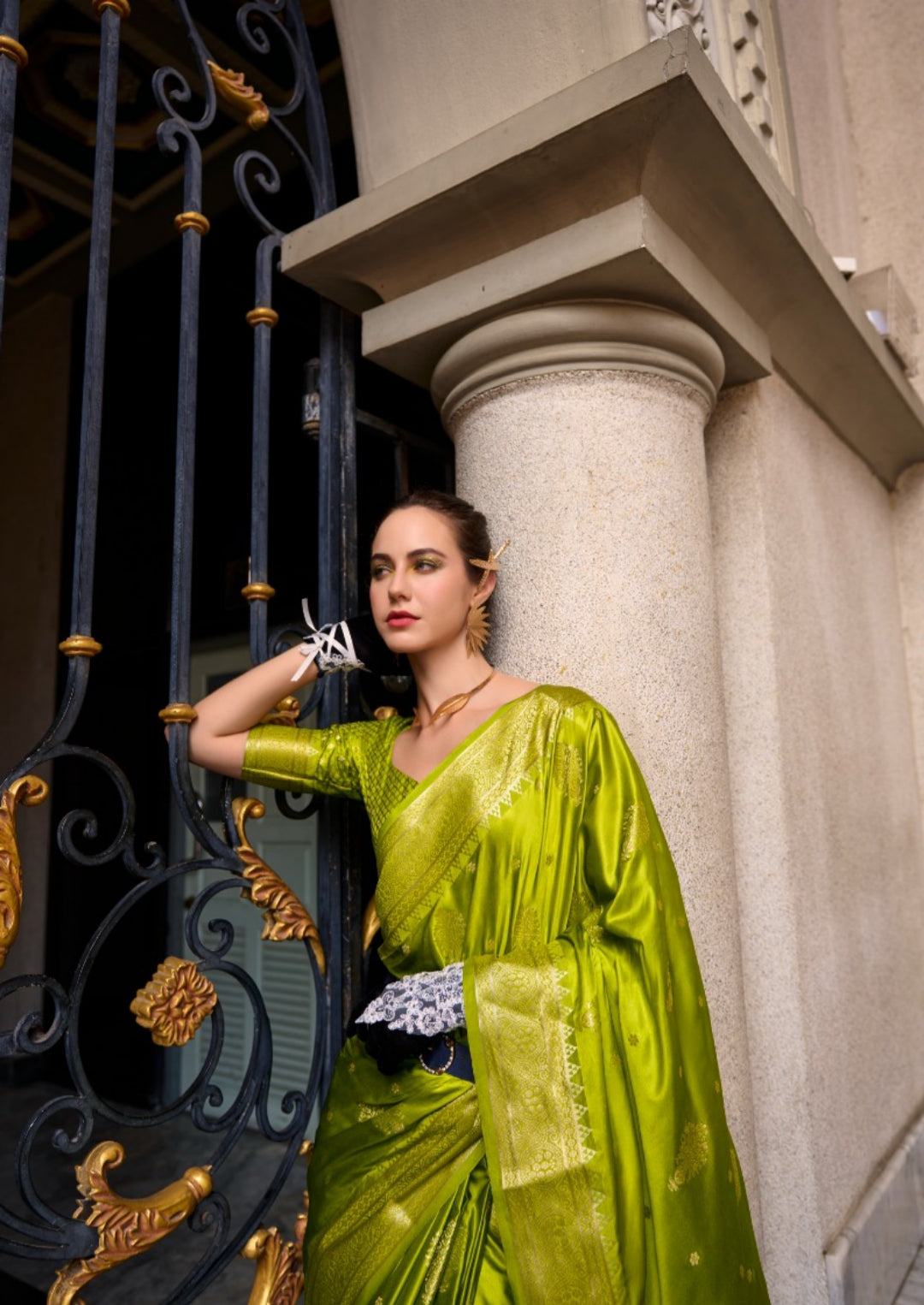 Women Green Satin Mungha Soft Silk Saree