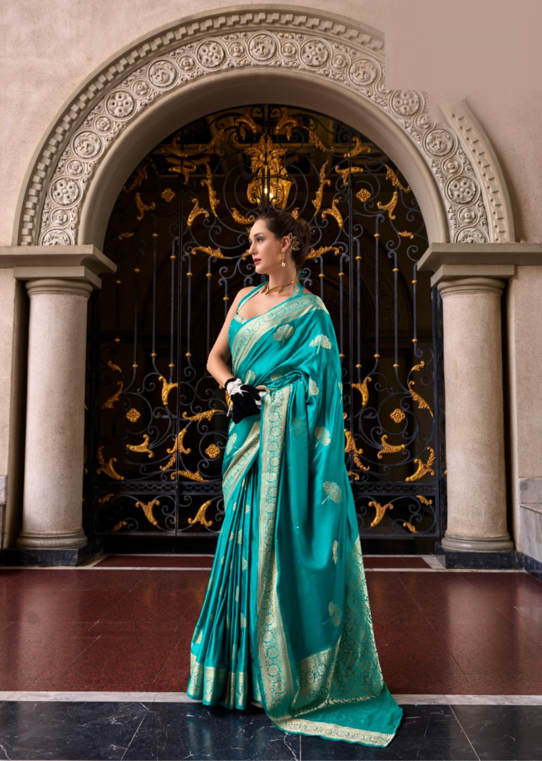 Women Teal Satin Mungha Soft Silk Saree