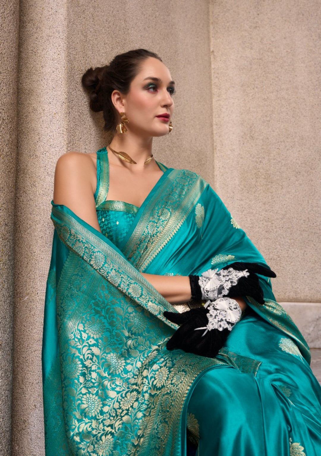 Women Teal Satin Mungha Soft Silk Saree