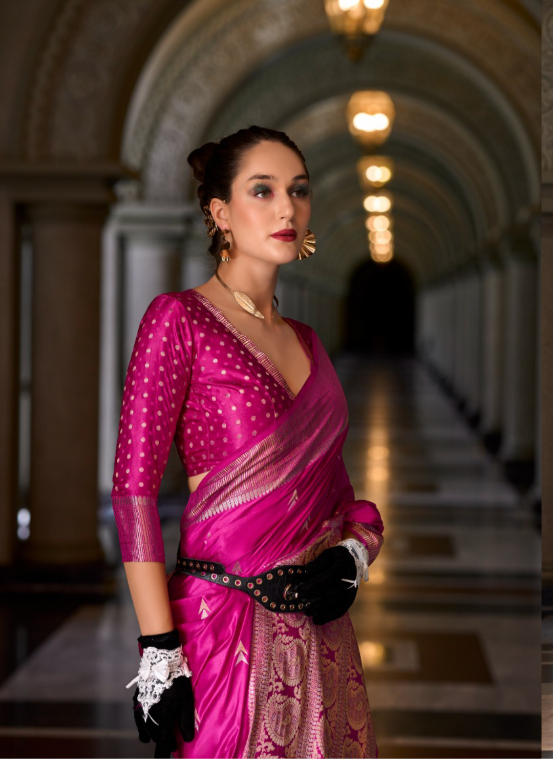Women Pink Satin Mungha Soft Silk Saree