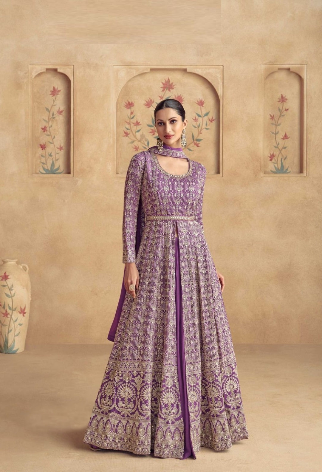 Women Purple Georgette Embroidery Gown With Dupatta