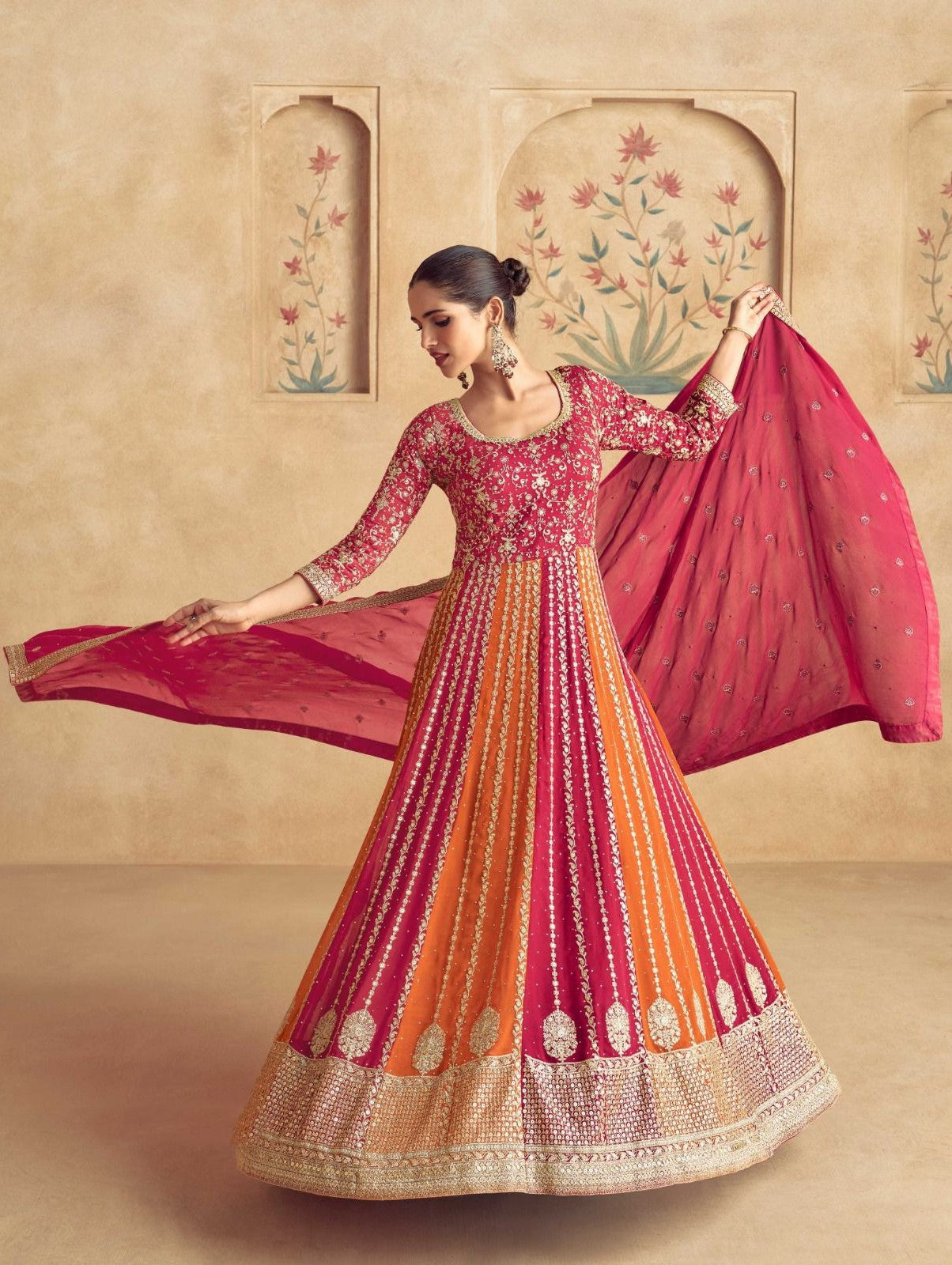 Bridal Pink And Orange Georgette Embroidery Gown With Dupatta