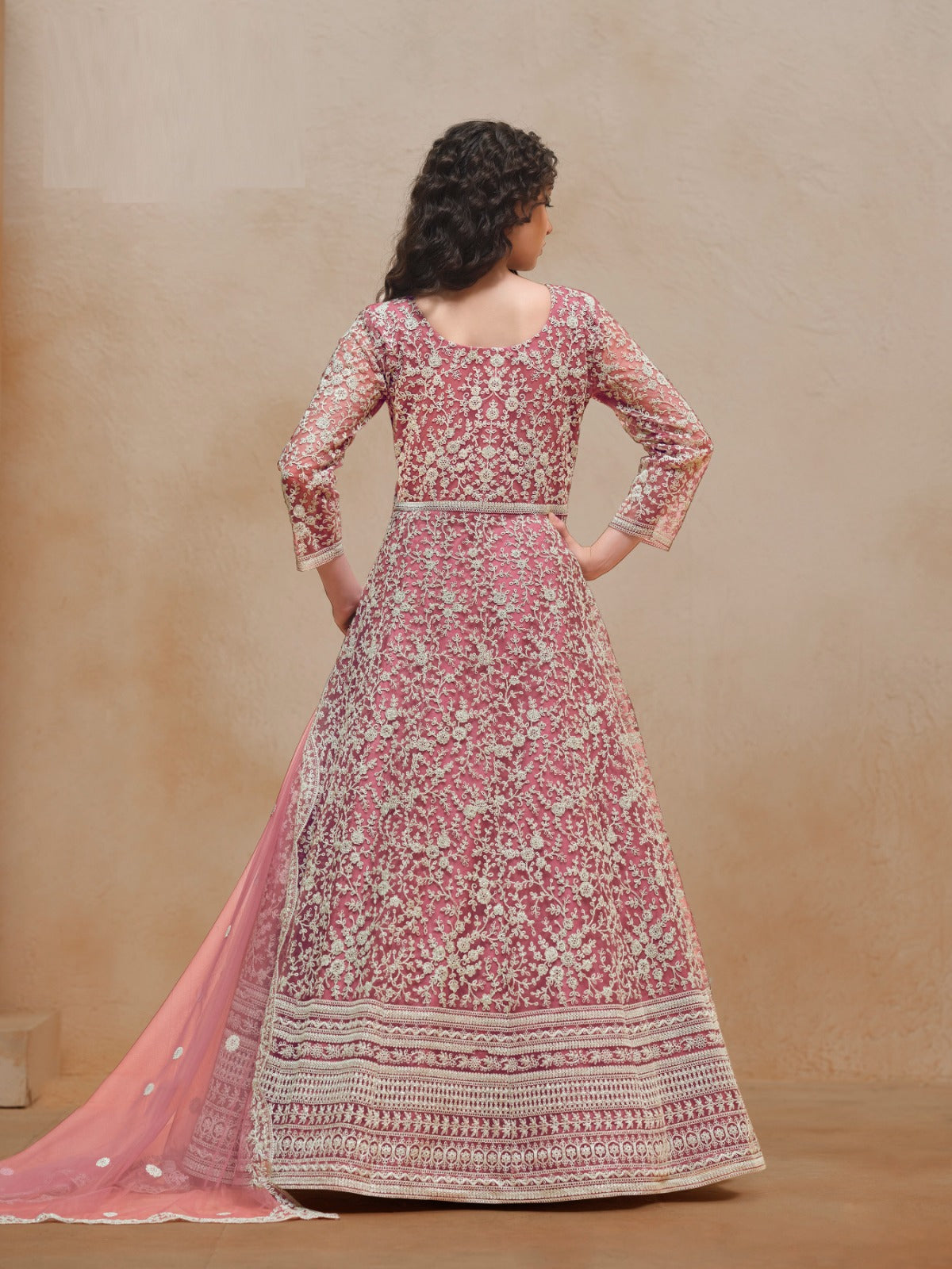 Women Pink Net Floor Length Suit Set